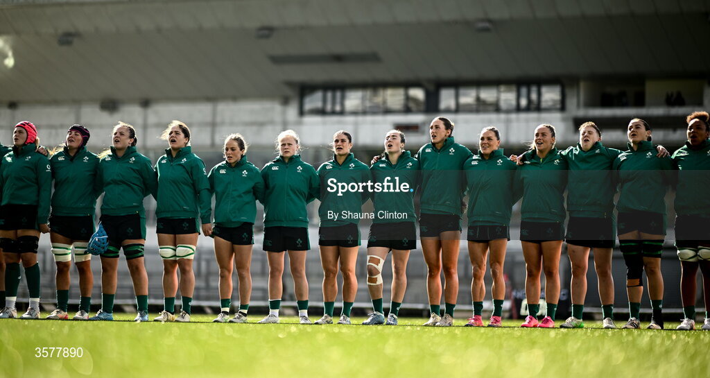 27 September 2026; Ireland players atand for 'Ireland's Call' before the WXV Global Series match between Ireland and Japan at Dexcom Stadium in Galway. Photo by Shauna Clinton/Sportsfile
