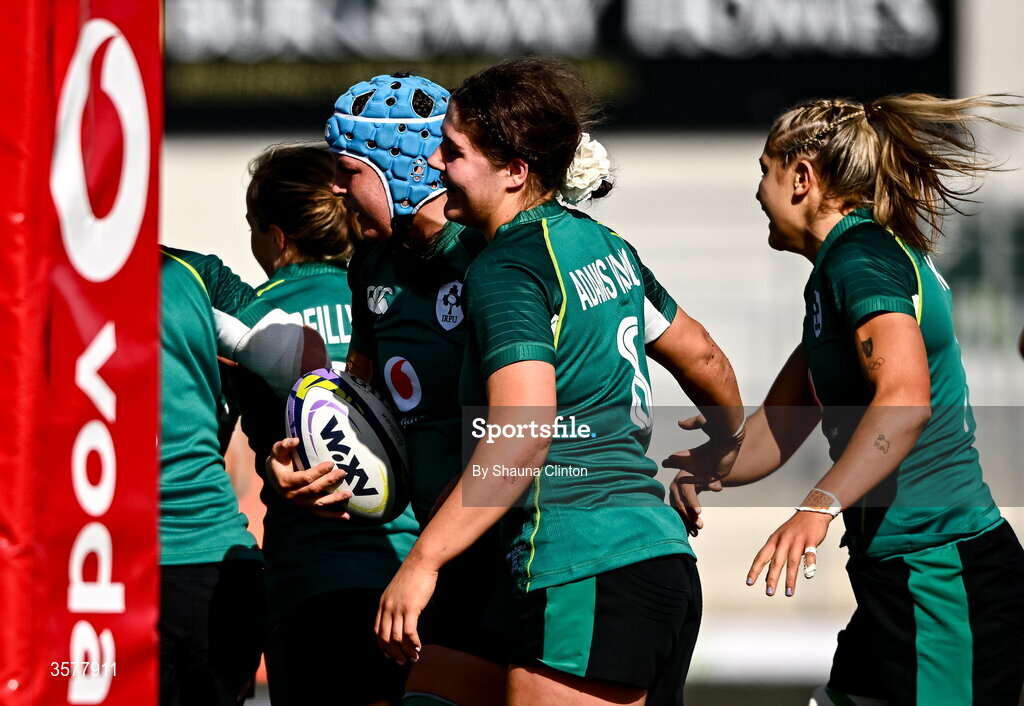 27 September 2026; Brittany Hogan of Ireland is congratulated by teammates after scoring their side's first try during the WXV Global Series match between Ireland and Japan at Dexcom Stadium in Galway. Photo by Shauna Clinton/Sportsfile