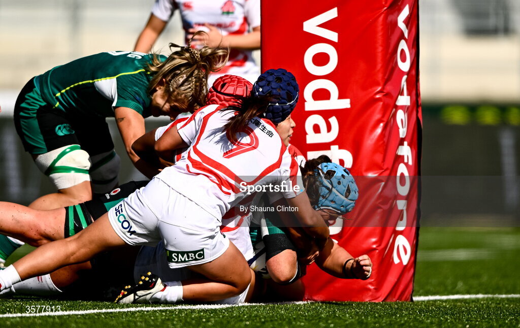 27 September 2026; Brittany Hogan of Ireland scores her side's first try during the WXV Global Series match between Ireland and Japan at Dexcom Stadium in Galway. Photo by Shauna Clinton/Sportsfile
