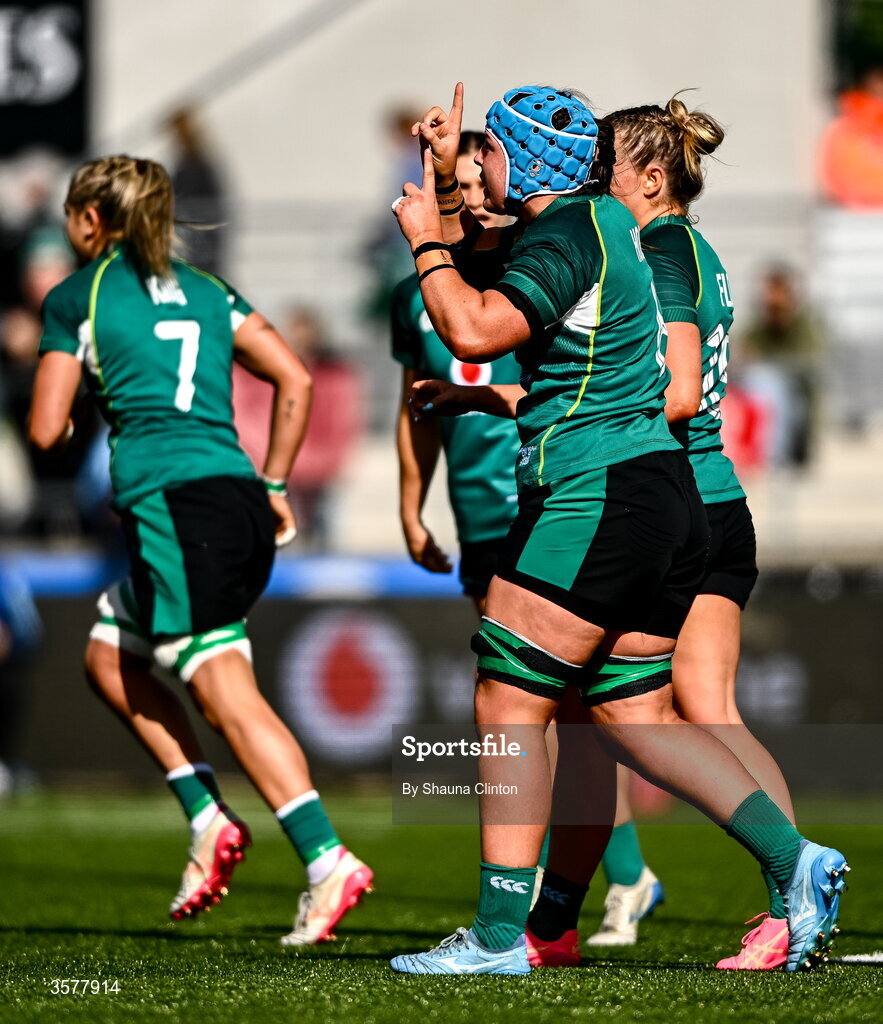 27 September 2026; Brittany Hogan of Ireland celebrates after scoring their side's first try during the WXV Global Series match between Ireland and Japan at Dexcom Stadium in Galway. Photo by Shauna Clinton/Sportsfile