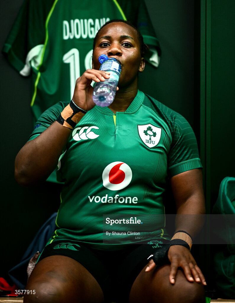 27 September 2026; Linda Djougang in the Ireland dressingroom before the WXV Global Series match between Ireland and Japan at Dexcom Stadium in Galway. Photo by Shauna Clinton/Sportsfile