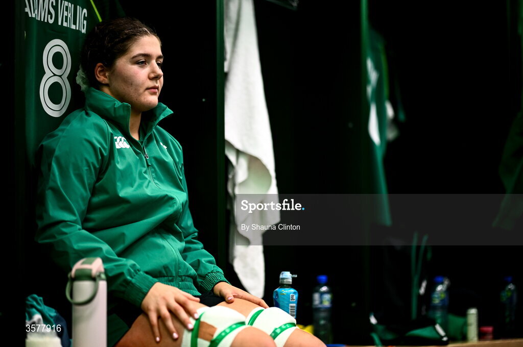 27 September 2026; Jemima Adams Verling of Ireland in the Ireland dressingroom before the WXV Global Series match between Ireland and Japan at Dexcom Stadium in Galway. Photo by Shauna Clinton/Sportsfile
