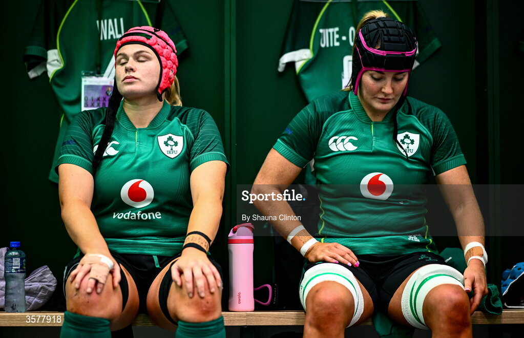 27 September 2026; Dorothy Wall, left, and Fiona Tuite-O'Sullivan in the Ireland dressingroom before the WXV Global Series match between Ireland and Japan at Dexcom Stadium in Galway. Photo by Shauna Clinton/Sportsfile
