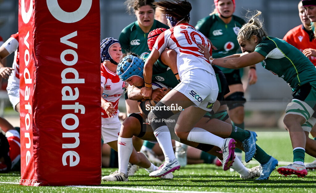 27 September 2026; Brittany Hogan of Ireland goes over to score her side's first try during the WXV Global Series match between Ireland and Japan at Dexcom Stadium in Galway. Photo by Paul Phelan/Sportsfile