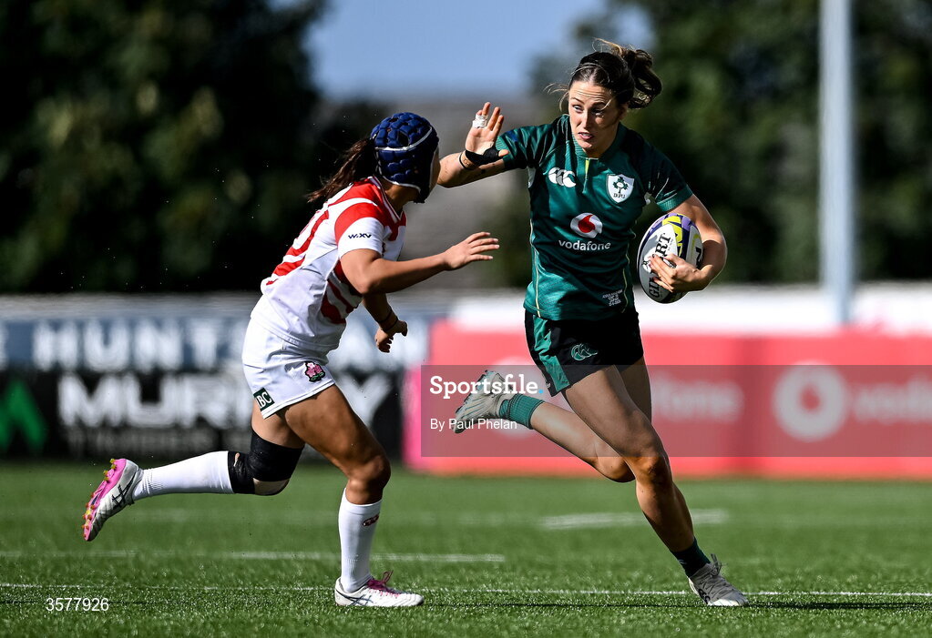 27 September 2026; Anna McGann of Ireland in action against Sawa Harada of Japan during the WXV Global Series match between Ireland and Japan at Dexcom Stadium in Galway. Photo by Paul Phelan/Sportsfile