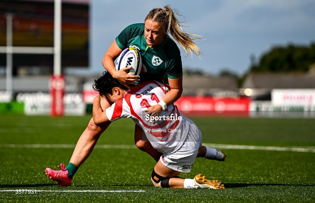 27 September 2026; Stacey Flood of Ireland is tackled by Komachi Imakugi of Japan during the WXV Global Series match between Ireland and Japan at Dexcom Stadium in Galway. Photo by Shauna Clinton/Sportsfile