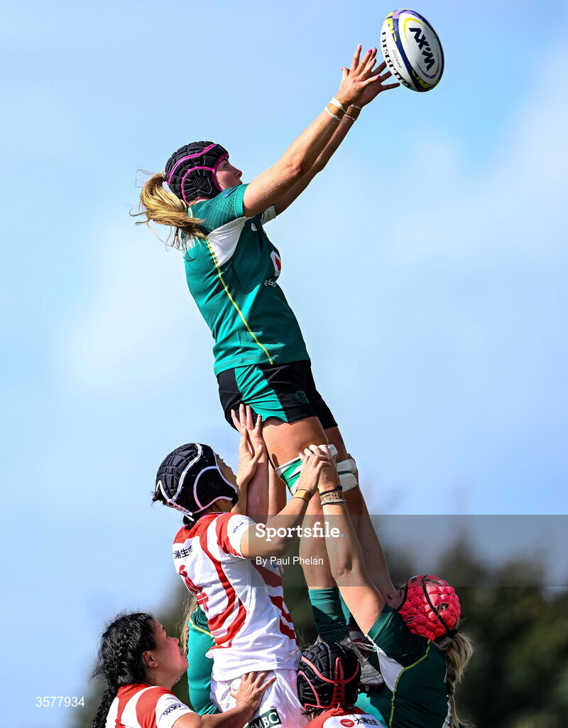 27 September 2026; Fiona Tuite-O'Sullivan of Ireland takes the ball in a lineout during the WXV Global Series match between Ireland and Japan at Dexcom Stadium in Galway. Photo by Paul Phelan/Sportsfile