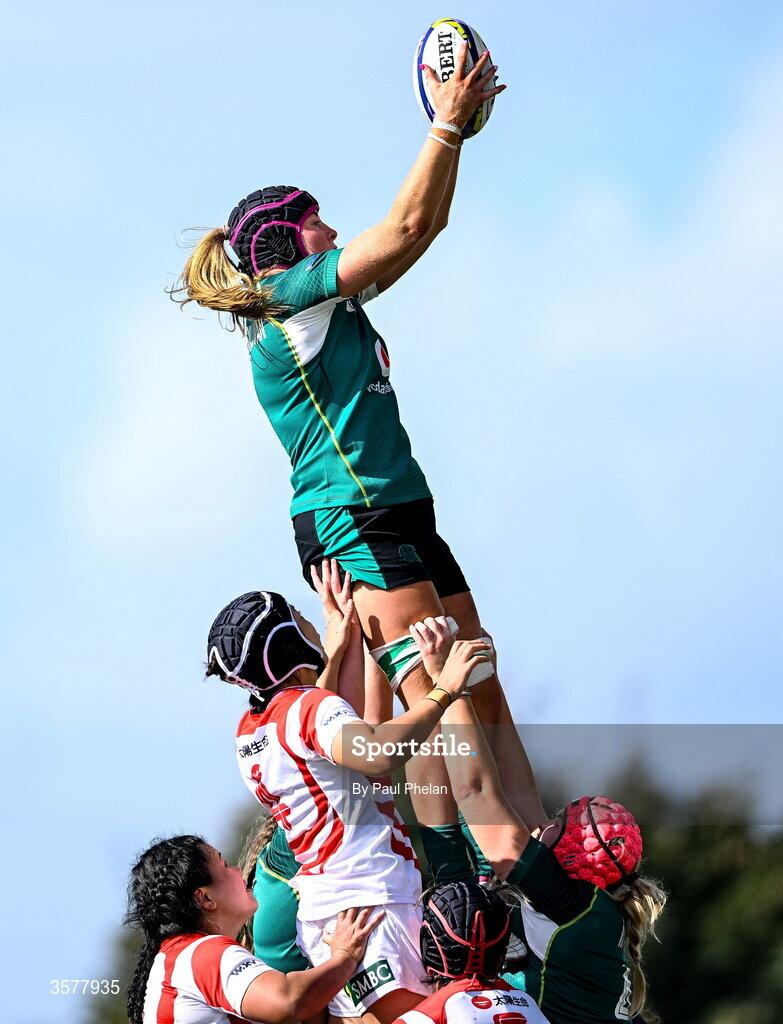 27 September 2026; Fiona Tuite-O'Sullivan of Ireland takes the ball in a lineout during the WXV Global Series match between Ireland and Japan at Dexcom Stadium in Galway. Photo by Paul Phelan/Sportsfile