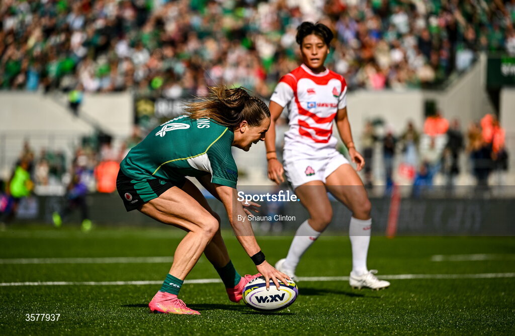 27 September 2026; Béibhinn Parsons of Ireland scores her side's third try, equalling the record of Alison Miller, during the WXV Global Series match between Ireland and Japan at Dexcom Stadium in Galway. Photo by Shauna Clinton/Sportsfile