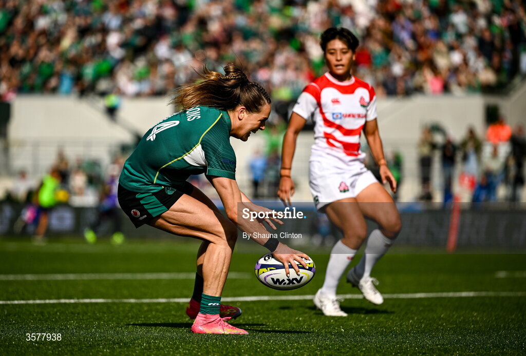 27 September 2026; Béibhinn Parsons of Ireland scores her side's third try, equalling the record of Alison Miller, during the WXV Global Series match between Ireland and Japan at Dexcom Stadium in Galway. Photo by Shauna Clinton/Sportsfile