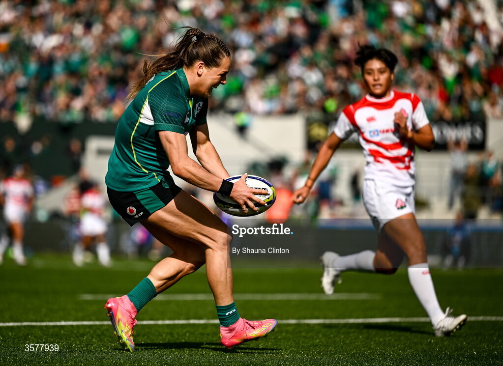27 September 2026; Béibhinn Parsons of Ireland scores her side's third try, equalling the record of Alison Miller, during the WXV Global Series match between Ireland and Japan at Dexcom Stadium in Galway. Photo by Shauna Clinton/Sportsfile