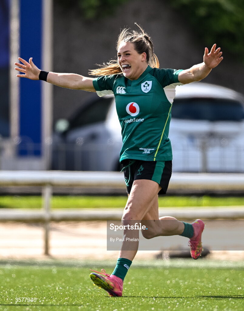 27 September 2026; Béibhinn Parsons of Ireland celebrates after scoring her side's third try, equalling the record of Alison Miller, during the WXV Global Series match between Ireland and Japan at Dexcom Stadium in Galway.  Photo by Paul Phelan/Sportsfile