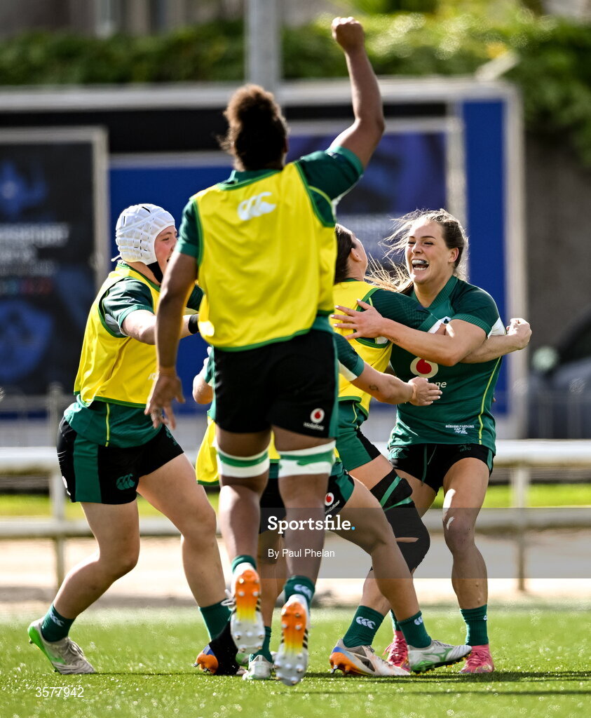 27 September 2026; Béibhinn Parsons of Ireland, right, celebrates with teammates after scoring their side's third try, equalling the record of Alison Miller, during the WXV Global Series match between Ireland and Japan at Dexcom Stadium in Galway.  Photo by Paul Phelan/Sportsfile
