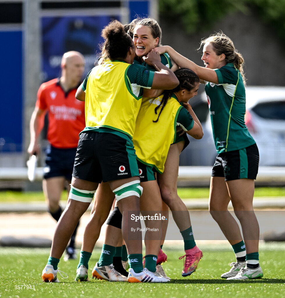 27 September 2026; Béibhinn Parsons of Ireland, centre, celebrates with teammates after scoring their side's third try, equalling the record of Alison Miller, during the WXV Global Series match between Ireland and Japan at Dexcom Stadium in Galway.  Photo by Paul Phelan/Sportsfile