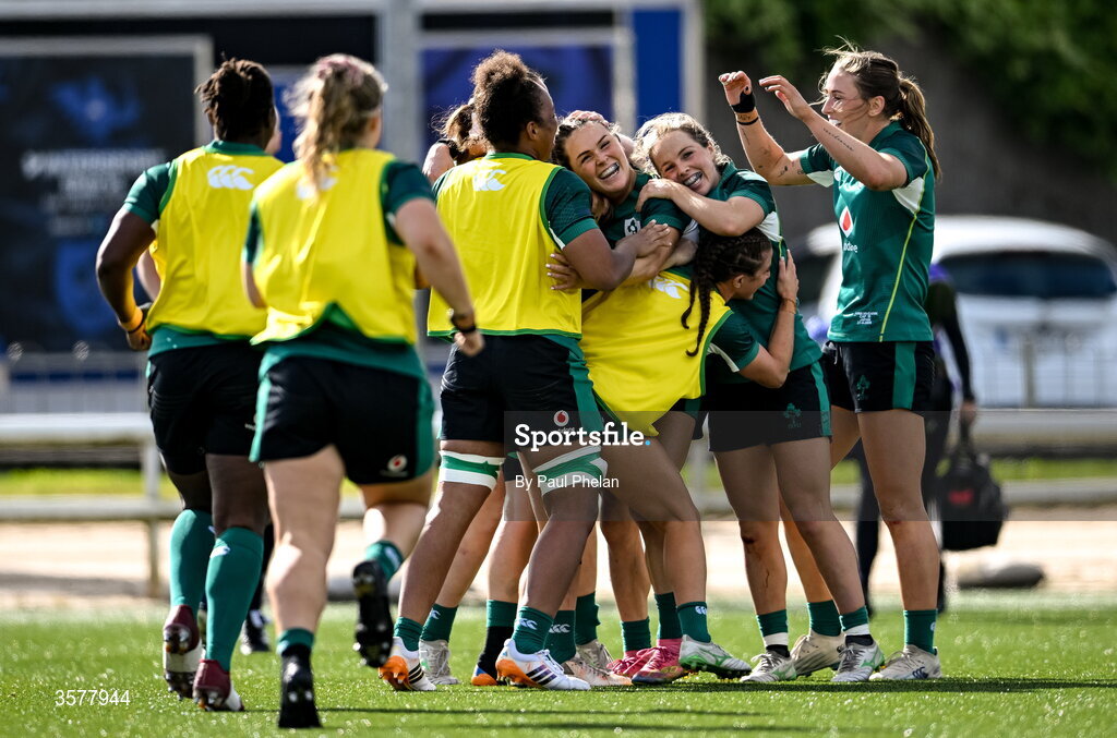 27 September 2026; Béibhinn Parsons of Ireland, centre, celebrates with teammates after scoring their side's third try, equalling the record of Alison Miller, during the WXV Global Series match between Ireland and Japan at Dexcom Stadium in Galway.  Photo by Paul Phelan/Sportsfile
