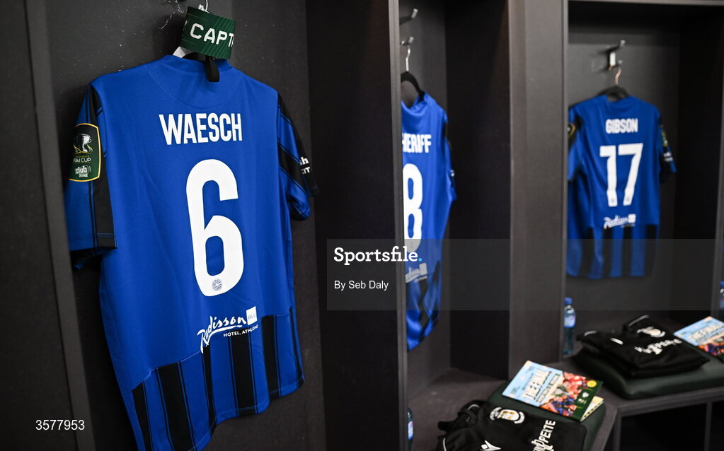 27 September 2026; The jersey of Athlone Town's Hannah Waesch hangs in the dressing room before the 2026 Club Orange Women's FAI Cup final between Athlone Town and Shelbourne at Tallaght Stadium in Dublin. Photo by Seb Daly/Sportsfile