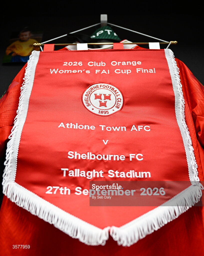 27 September 2026; A view of the Shelbourne match pennant before the 2026 Club Orange Women's FAI Cup final between Athlone Town and Shelbourne at Tallaght Stadium in Dublin. Photo by Seb Daly/Sportsfile