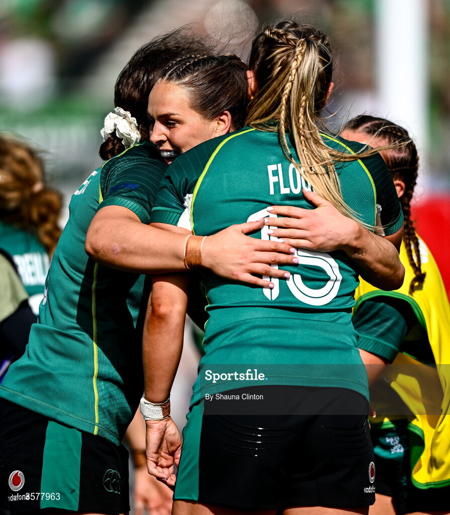 27 September 2026; Béibhinn Parsons of Ireland, centre, celebrates with teammates after scoring their side's third try, equalling the record of Alison Miller, during the WXV Global Series match between Ireland and Japan at Dexcom Stadium in Galway.   Photo by Shauna Clinton/Sportsfile
