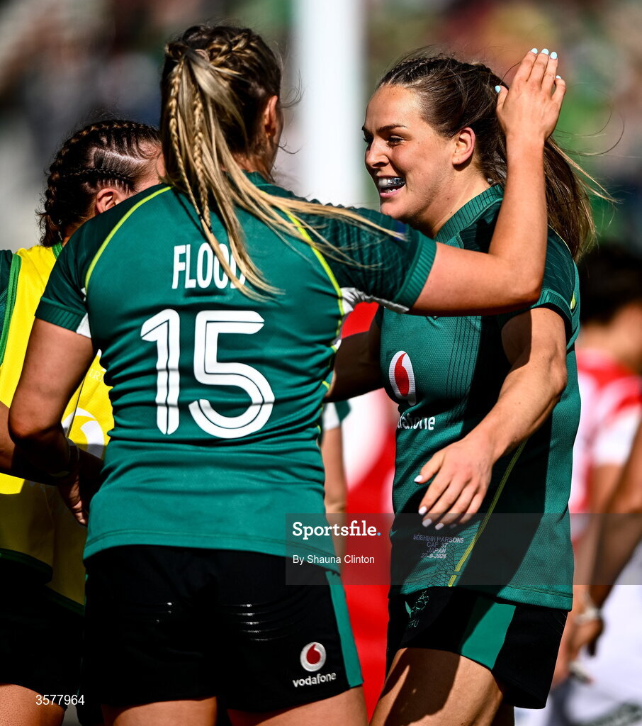 27 September 2026; Béibhinn Parsons of Ireland, right, celebrates with teammate Stacey Flood after scoring their side's third try, equalling the record of Alison Miller, during the WXV Global Series match between Ireland and Japan at Dexcom Stadium in Galway.   Photo by Shauna Clinton/Sportsfile