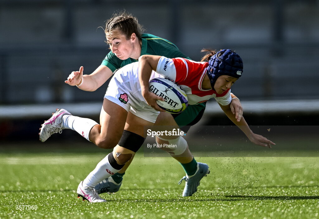27 September 2026; Maiko Nishi of Japan is tackled by Eve Higgins of Ireland during the WXV Global Series match between Ireland and Japan at Dexcom Stadium in Galway. Photo by Paul Phelan/Sportsfile