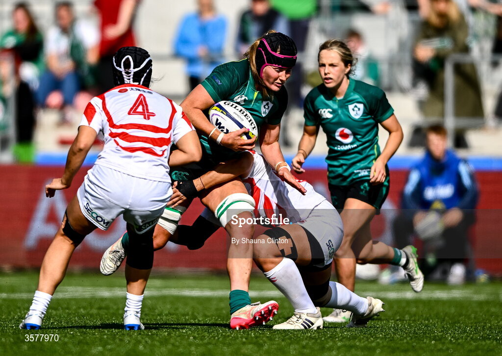 27 September 2026; Fiona Tuite-O'Sullivan of Ireland is tackled by Yuna Sato of Japan during the WXV Global Series match between Ireland and Japan at Dexcom Stadium in Galway. Photo by Shauna Clinton/Sportsfile