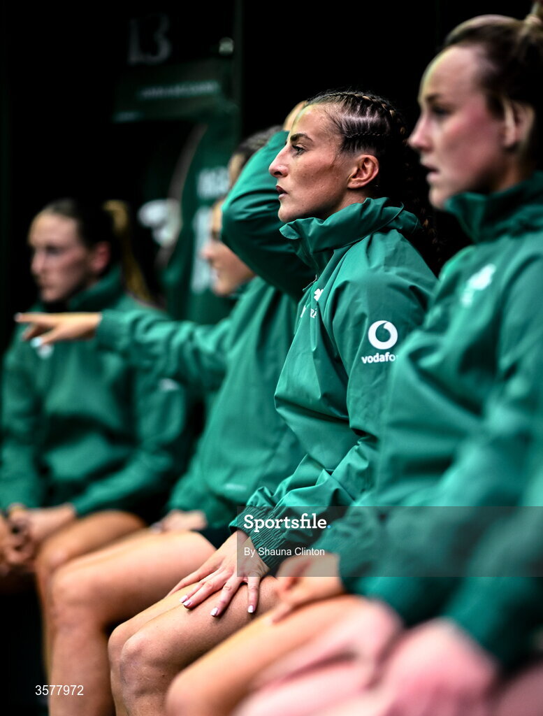 27 September 2026; Emily Lane in the Ireland dressingroom before the WXV Global Series match between Ireland and Japan at Dexcom Stadium in Galway. Photo by Shauna Clinton/Sportsfile