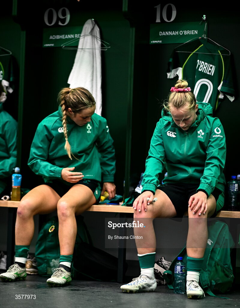 27 September 2026; Aoibheann Reilly, left, and Dannah O'Brien in the Ireland dressingroom before the WXV Global Series match between Ireland and Japan at Dexcom Stadium in Galway. Photo by Shauna Clinton/Sportsfile
