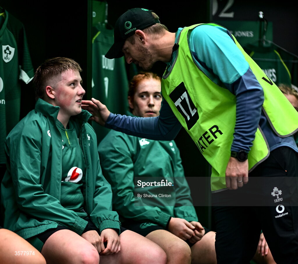 27 September 2026; Beth Buttimer with kicking coach Gareth Steenson in the Ireland dressingroom before the WXV Global Series match between Ireland and Japan at Dexcom Stadium in Galway. Photo by Shauna Clinton/Sportsfile