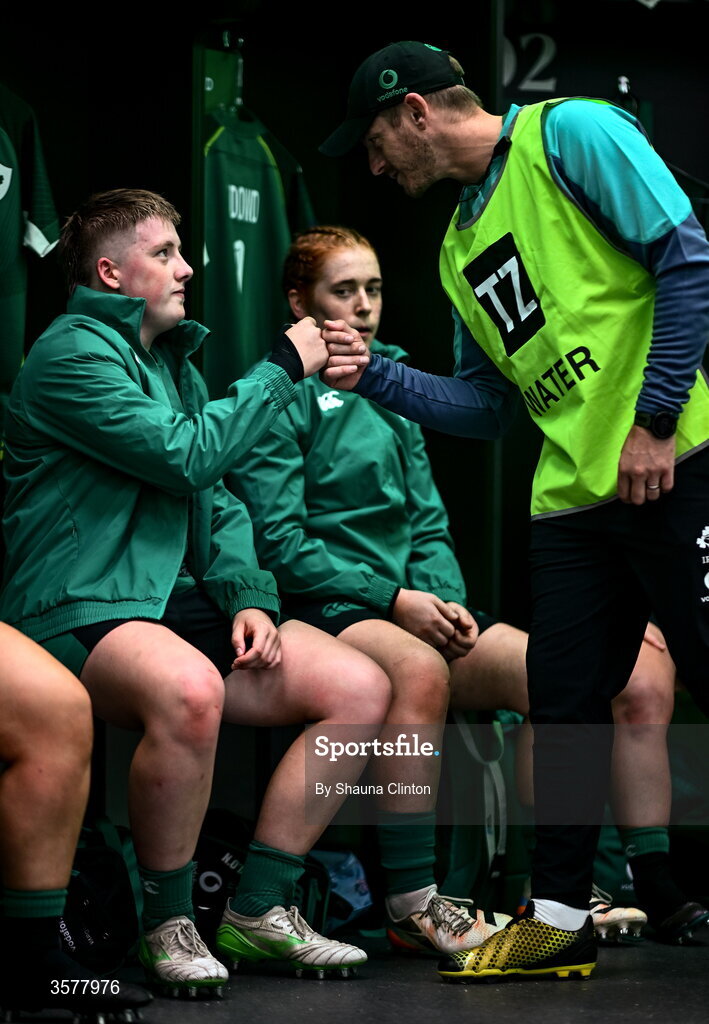 27 September 2026; YYYY in the Ireland dressingroom before the WXV Global Series match between Ireland and Japan at Dexcom Stadium in Galway. Photo by Shauna Clinton/Sportsfile