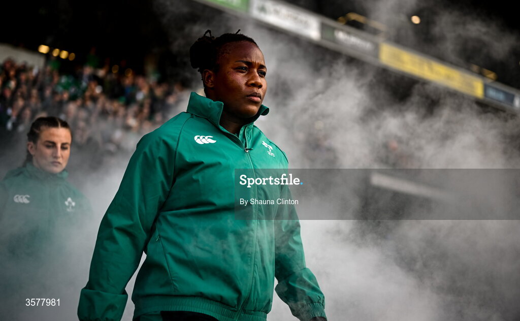 27 September 2026; Linda Djougang of Ireland walks onto the pitch before the WXV Global Series match between Ireland and Japan at Dexcom Stadium in Galway. Photo by Shauna Clinton/Sportsfile
