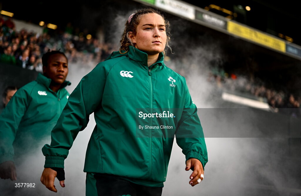 27 September 2026; Sadhbh McGrath of Ireland walks onto the pitch before the WXV Global Series match between Ireland and Japan at Dexcom Stadium in Galway. Photo by Shauna Clinton/Sportsfile