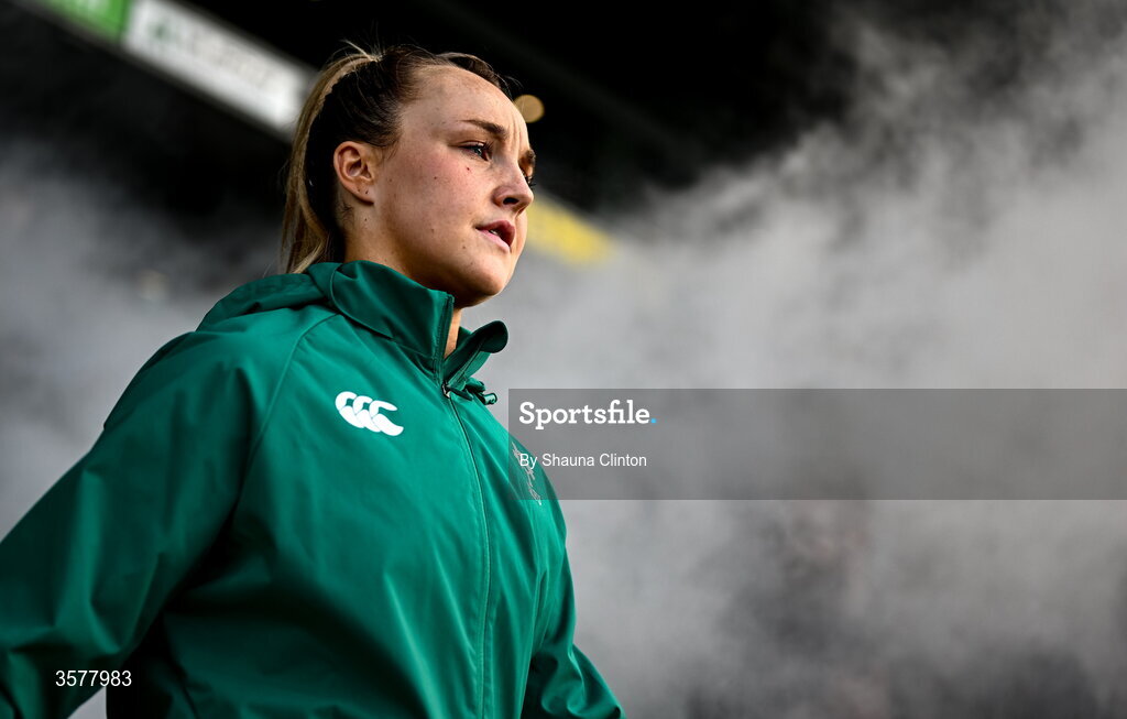 27 September 2026; Aoife Dalton of Ireland walks onto the pitch before the WXV Global Series match between Ireland and Japan at Dexcom Stadium in Galway. Photo by Shauna Clinton/Sportsfile