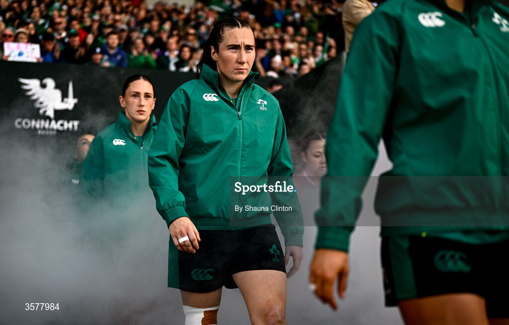 27 September 2026; Eve Higgins of Ireland walks onto the pitch before the WXV Global Series match between Ireland and Japan at Dexcom Stadium in Galway. Photo by Shauna Clinton/Sportsfile