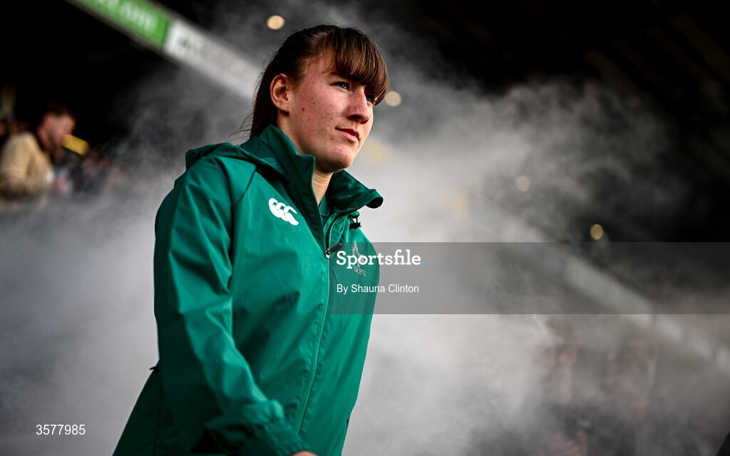 27 September 2026; Niamh Gallagher of Ireland walks onto the pitch before the WXV Global Series match between Ireland and Japan at Dexcom Stadium in Galway. Photo by Shauna Clinton/Sportsfile