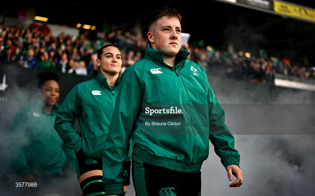 27 September 2026; Beth Buttimer of Ireland walks onto the pitch before the WXV Global Series match between Ireland and Japan at Dexcom Stadium in Galway. Photo by Shauna Clinton/Sportsfile