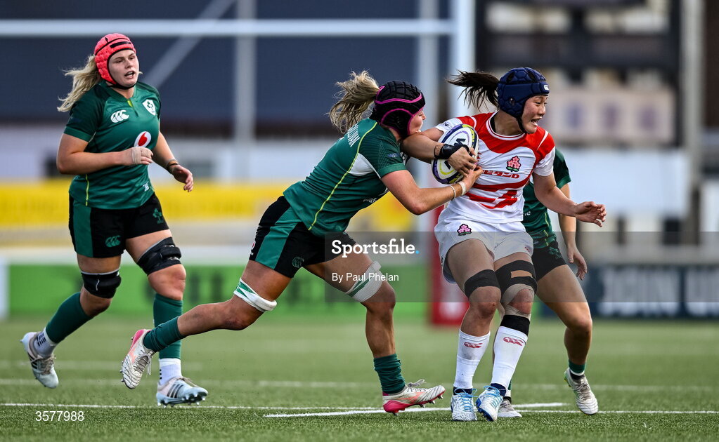27 September 2026; Nami Asari of Japan is tackled by Fiona Tuite-O'Sullivan of Ireland during the WXV Global Series match between Ireland and Japan at Dexcom Stadium in Galway. Photo by Paul Phelan/Sportsfile