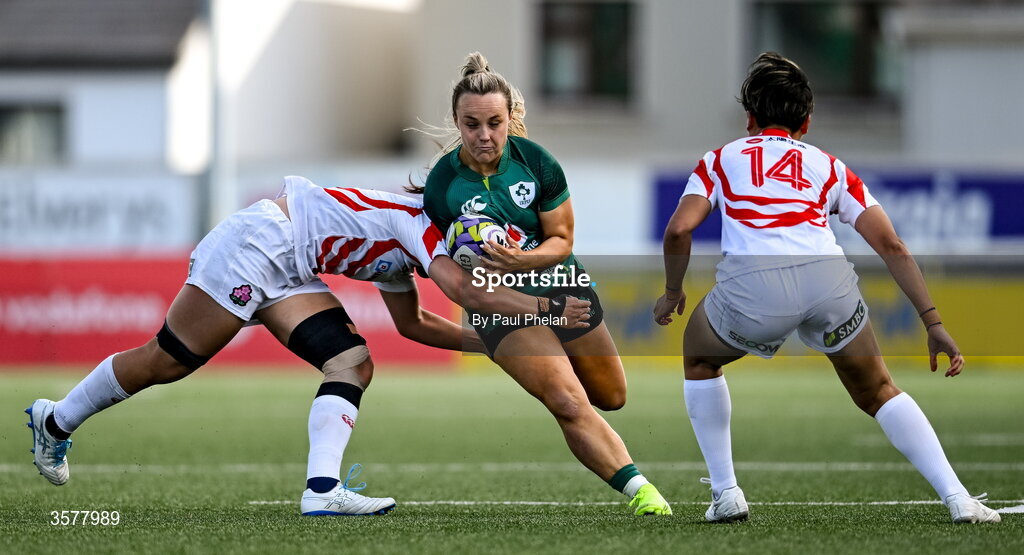 27 September 2026; Aoife Dalton of Ireland is tackled by Nami Asari of Japan during the WXV Global Series match between Ireland and Japan at Dexcom Stadium in Galway. Photo by Paul Phelan/Sportsfile