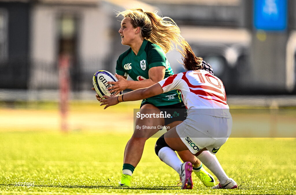 27 September 2026; Aoife Dalton of Ireland is tackled by Sawa Harada of Japan during the WXV Global Series match between Ireland and Japan at Dexcom Stadium in Galway. Photo by Shauna Clinton/Sportsfile