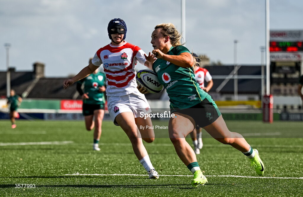 27 September 2026; Aoife Dalton of Ireland runs in to score her side's fourth try during the WXV Global Series match between Ireland and Japan at Dexcom Stadium in Galway. Photo by Paul Phelan/Sportsfile