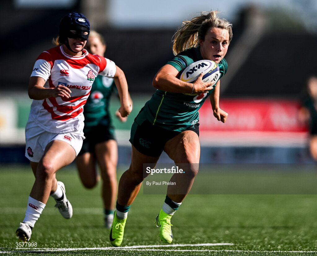 27 September 2026; Aoife Dalton of Ireland runs in to score her side's fourth try during the WXV Global Series match between Ireland and Japan at Dexcom Stadium in Galway. Photo by Paul Phelan/Sportsfile