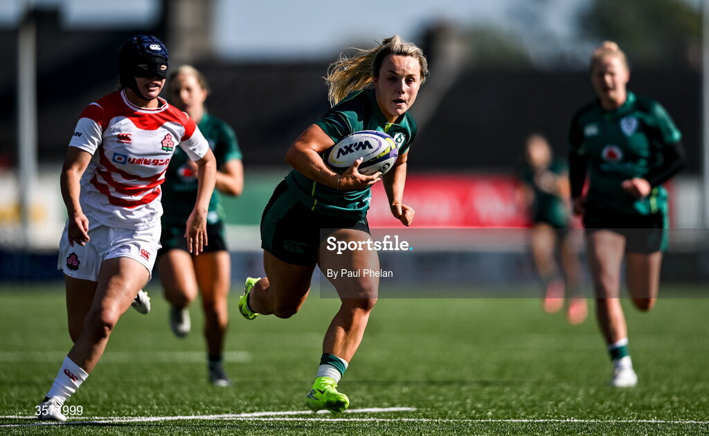 27 September 2026; Aoife Dalton of Ireland runs in to score her side's fourth try during the WXV Global Series match between Ireland and Japan at Dexcom Stadium in Galway. Photo by Paul Phelan/Sportsfile