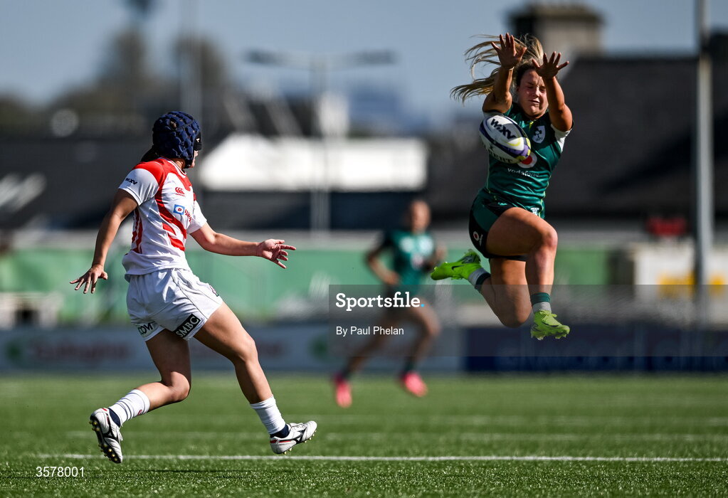 27 September 2026; Uta Kataoka of Japan has her clearance blocked down by Aoife Dalton of Ireland, in the lead up to Ireland's fourth try, scored by Dalton, during the WXV Global Series match between Ireland and Japan at Dexcom Stadium in Galway. Photo by Paul Phelan/Sportsfile