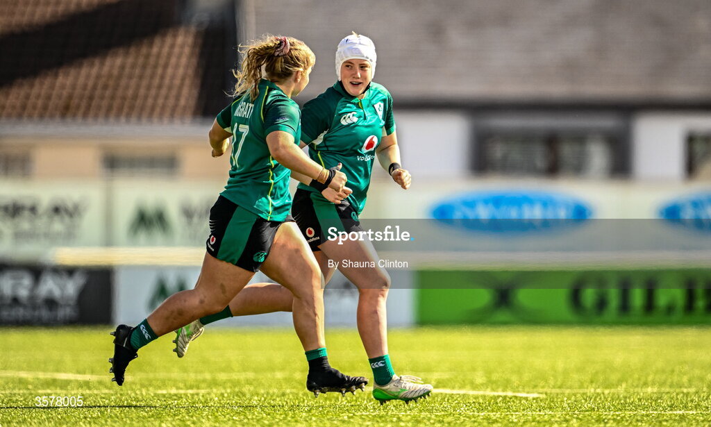 27 September 2026; Sadhbh McGrath, left, and Beth Buttimer of Ireland run onto the pitch as substitutes during the WXV Global Series match between Ireland and Japan at Dexcom Stadium in Galway. Photo by Shauna Clinton/Sportsfile