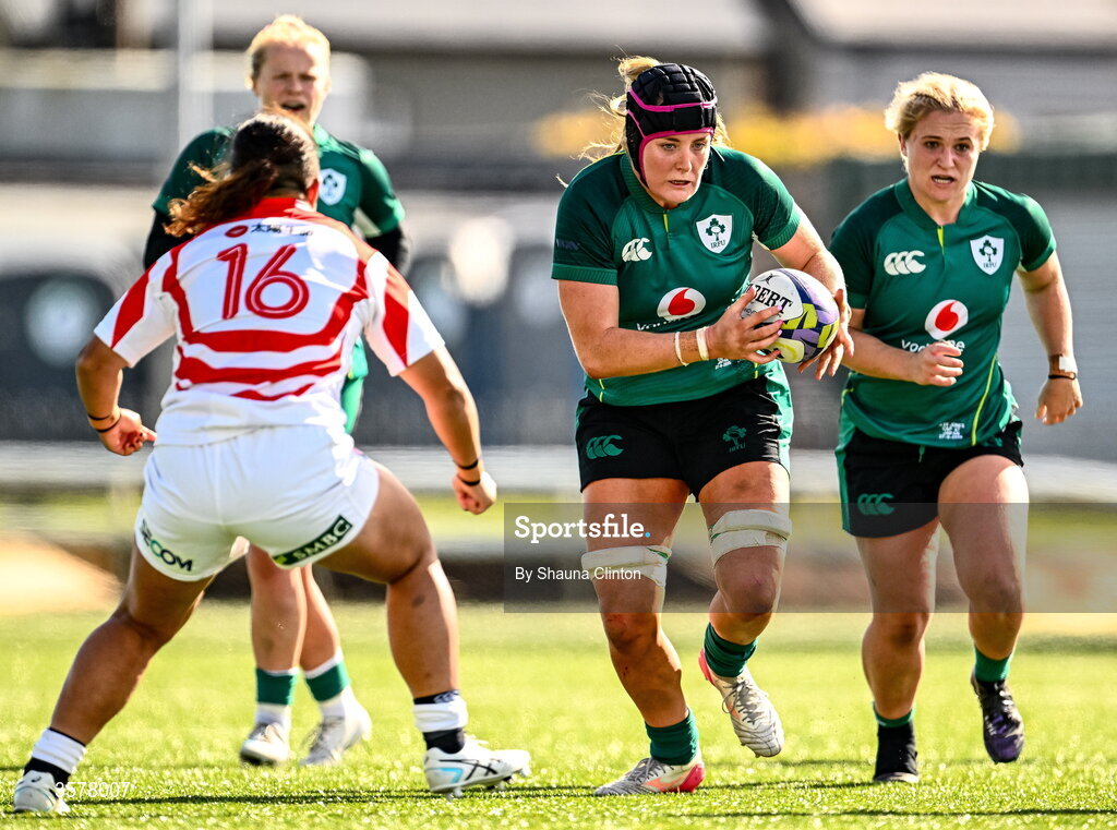 27 September 2026; Fiona Tuite-O'Sullivan of Ireland in action against Nijiho Nagata of Japan during the WXV Global Series match between Ireland and Japan at Dexcom Stadium in Galway. Photo by Shauna Clinton/Sportsfile