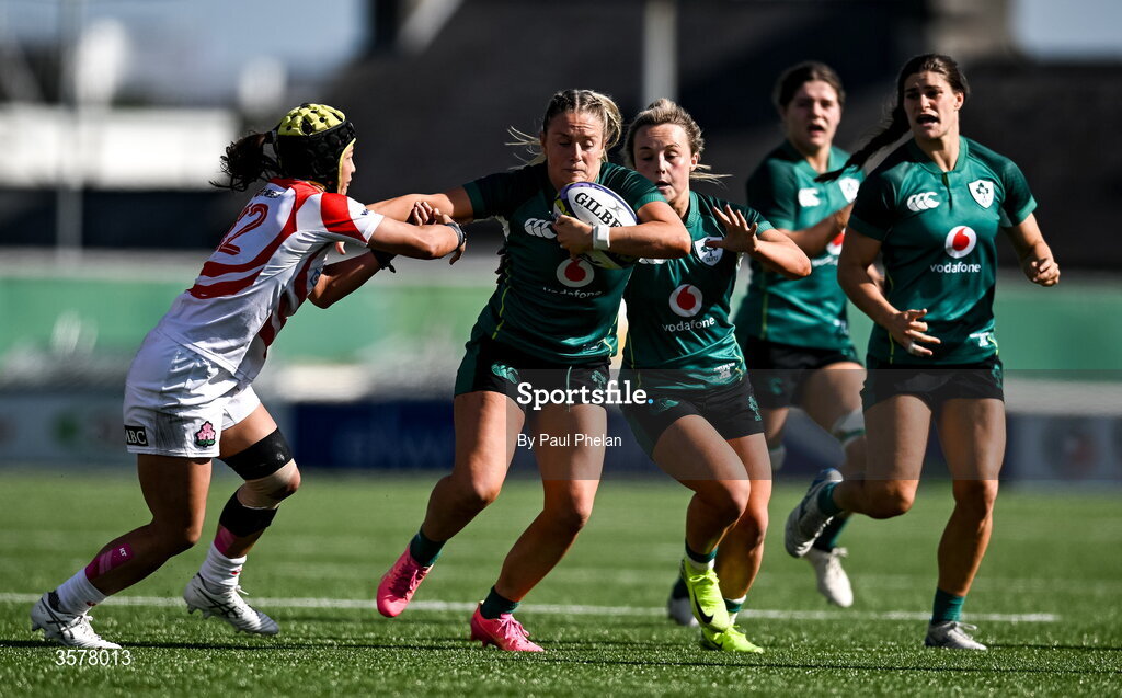 27 September 2026; Stacey Flood of Ireland is tackled by Mana Furata of Japan during the WXV Global Series match between Ireland and Japan at Dexcom Stadium in Galway. Photo by Paul Phelan/Sportsfile