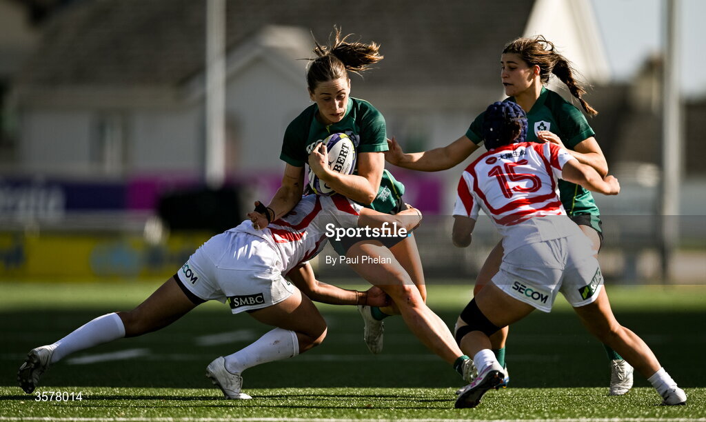 27 September 2026; Anna McGann of Ireland is tackled by Sora Nishimura of Japan during the WXV Global Series match between Ireland and Japan at Dexcom Stadium in Galway. Photo by Paul Phelan/Sportsfile