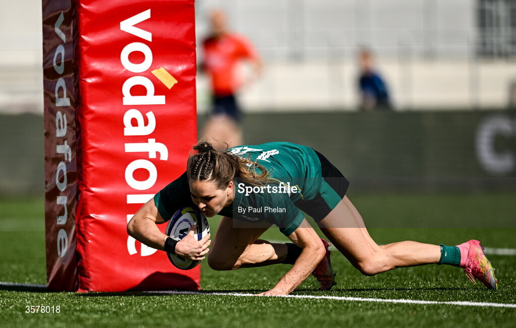 27 September 2026; Béibhinn Parsons of Ireland scores her second and her side's fifth try, becoming Ireland's record try scorer, during the WXV Global Series match between Ireland and Japan at Dexcom Stadium in Galway. Photo by Paul Phelan/Sportsfile