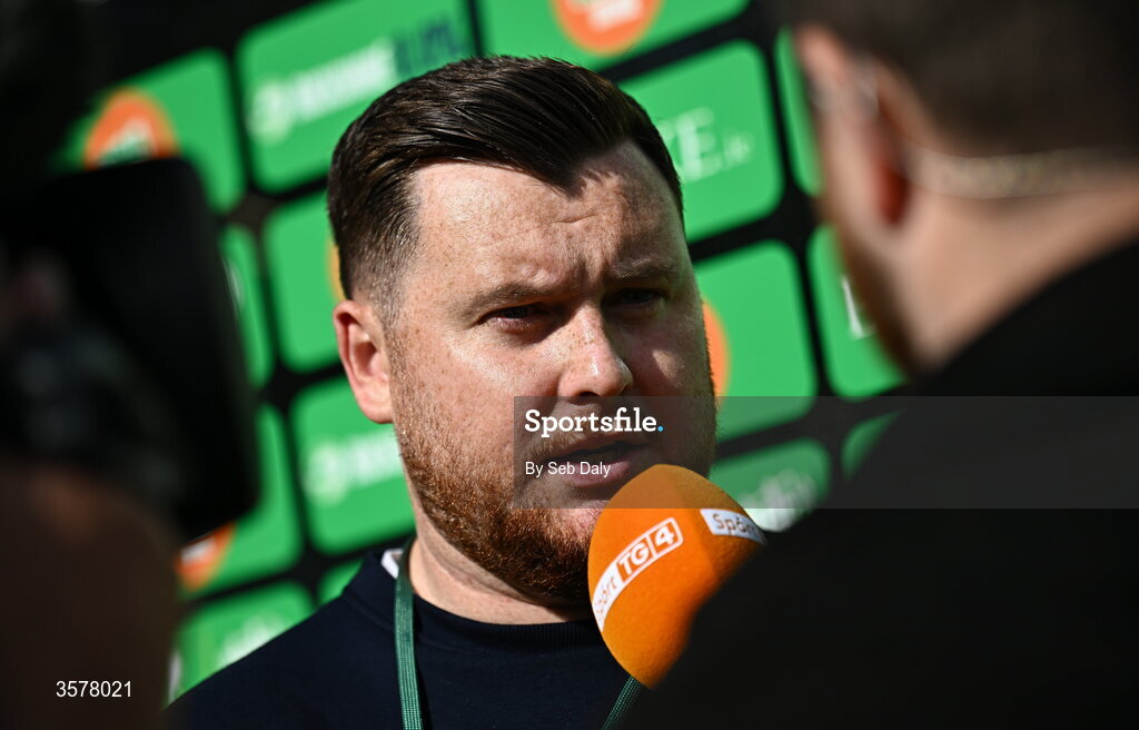 27 September 2026; Shelbourne manager Seán Russell before the 2026 Club Orange Women's FAI Cup final between Athlone Town and Shelbourne at Tallaght Stadium in Dublin. Photo by Seb Daly/Sportsfile