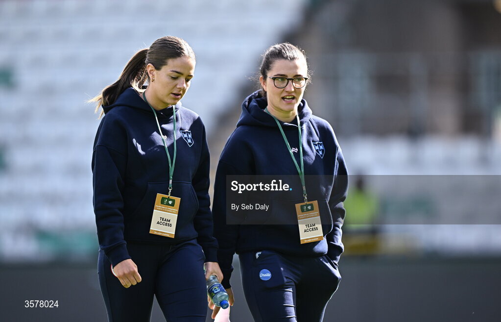 27 September 2026; Shelbourne players Keeva Keenan, right, and Becky Watkins before the 2026 Club Orange Women's FAI Cup final between Athlone Town and Shelbourne at Tallaght Stadium in Dublin. Photo by Seb Daly/Sportsfile