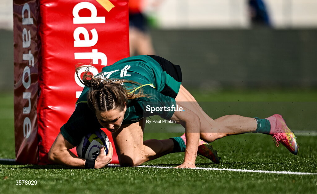 27 September 2026; Béibhinn Parsons of Ireland  scores her second and her side's fifth try, becoming Ireland's record try scorer, during the WXV Global Series match between Ireland and Japan at Dexcom Stadium in Galway. Photo by Paul Phelan/Sportsfile